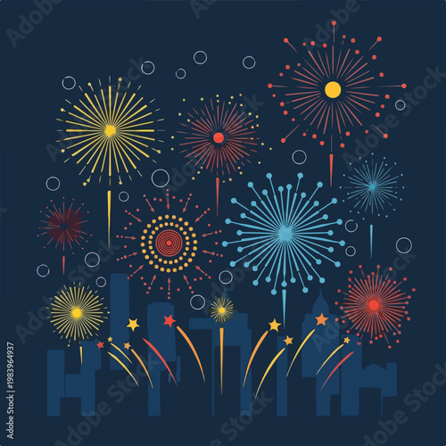 Colorful Fireworks Explosions in Night.