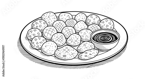 Plate of crispy chicken nuggets with dipping sauce bowl sketch illustration for restaurant menu and fast food cafe design.