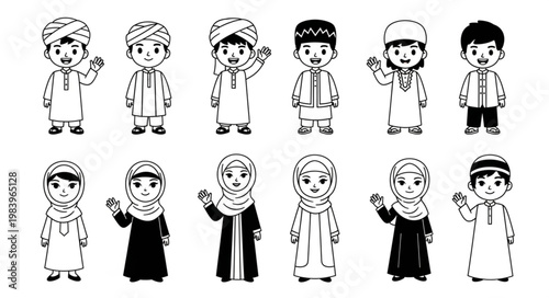 Islamic children in traditional clothing waving and smiling, black and white.
