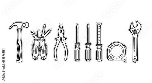 Professional repair hand tools collection including hammer pliers screwdrivers multi tool and tape measure for carpentry.