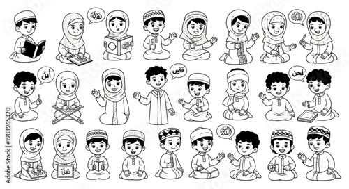 Islamic Children in Various Poses and Activities in Black and White.