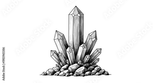 Quartz crystal cluster with pointed gemstones and rocky base hand drawn engraving style illustration for magical concept.