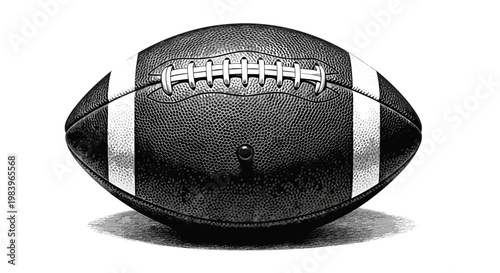 Realistic black and white drawing of American football with laces and stripes casting a shadow on white.
