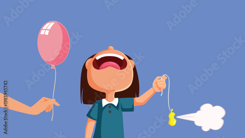 Sad Girl receiving a New Replacement Balloon Vector Illustration. Child practicing emotional blackmail on a parent receiving what she wants