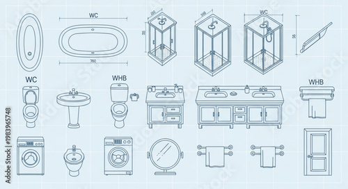 Architectural drawings of bathroom fixtures and fittings.