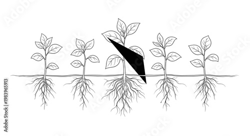 Row of young seedlings growing in soil with one plant being cut by black triangle symbol.
