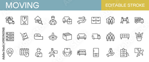 引越しに関するラインアイコンセット（線幅変更可能）