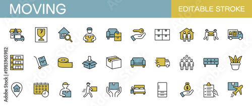 引越しに関するラインアイコンセット（線幅変更可能・カラー）