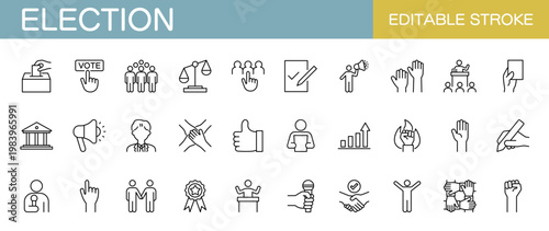 選挙や投票に関するラインアイコンセット（線幅変更可能）
