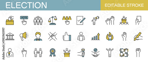 選挙や投票に関するラインアイコンセット（線幅変更可能・カラー）