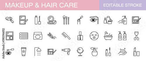 メイクアップとヘアケアのラインアイコンセット（線幅変更可能）