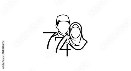 Islamic Couple Silhouette with Number 774 on White Background.