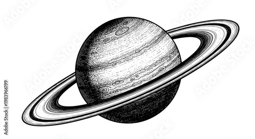 Saturn planet with rings illustration in classic woodcut engraving style for astronomy education and outer space research.