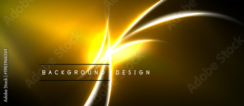 Golden abstract lines create dynamic energy. Bright focal point radiates from center, contrasting dark background. Modern design element.