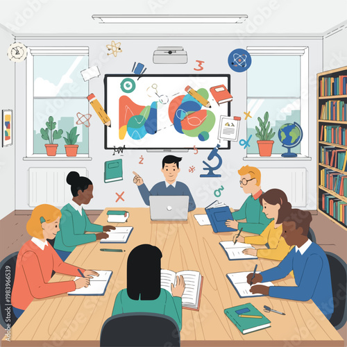 Diverse group of students in classroom.