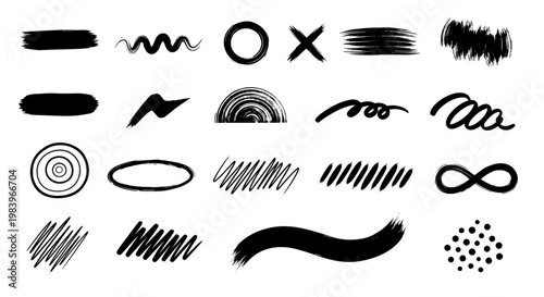 Set of black brush strokes and ink smudge marks including circles lines crosses and zigzags for creative artistic design.
