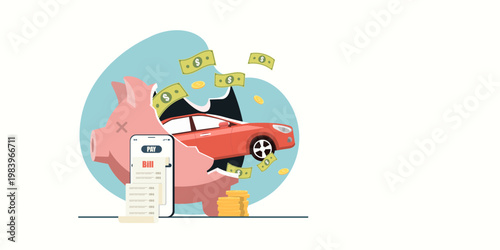 Flat art of a shattered piggy bank with a car emerging from it, surrounded by bills and coins, symbolizing high car expenses, debt, and financial loss.