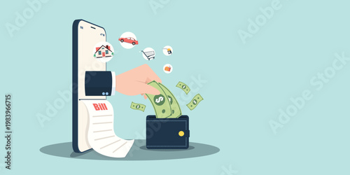 A hand reaches from a smartphone screen to take cash from a wallet, surrounded by icons for housing, cars, and shopping, representing digital payments and debt.