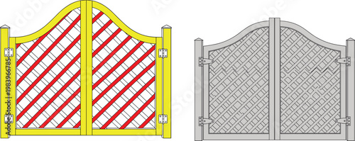 Colorful and grayscale gate designs with curved tops, diagonal stripes, lattice texture and vertical posts, decorative architectural illustration for outdoor entrance decor