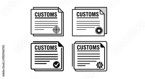 Set of customs document icons in simple black and white design, representing various aspects of customs clearance.