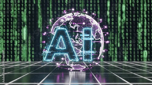Cyberpunk style animated ai text logo with glowing effects and digital background