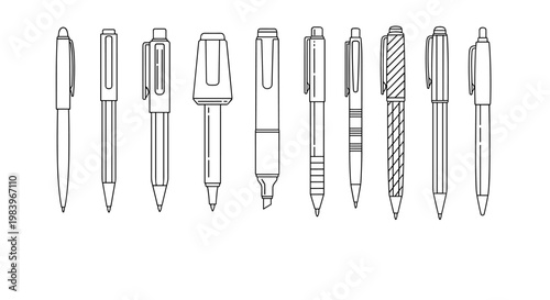 Set of pens vector line art illustration. writing pen ink marker collection contour isolated on white background.