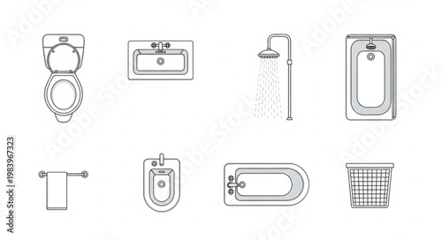 Collection of bathroom fixtures and accessories line art drawings.