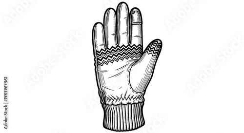 Single black and white hand drawn glove with zig zag pattern on fingers and ribbed cuff isolated on white.