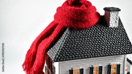 A close-up shot of a miniature house model with a black textured roof wrapped in a thick red knitted scarf, set against a plain white background to represent home heating and insulation.