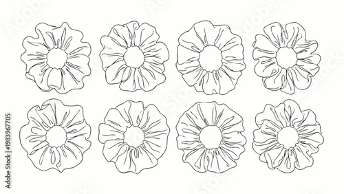 Collection of hand-drawn scrunchies in minimalist line art style, perfect for fashion, beauty, and accessory designs. Vector outline illustration of various elastic hair ties.