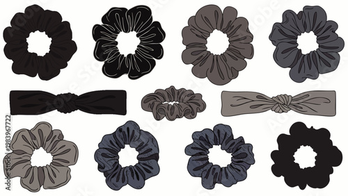 Collection of various fabric hair scrunchies and headbands in black and grey tones, fashionable elastic hair ties for women's hairstyles.