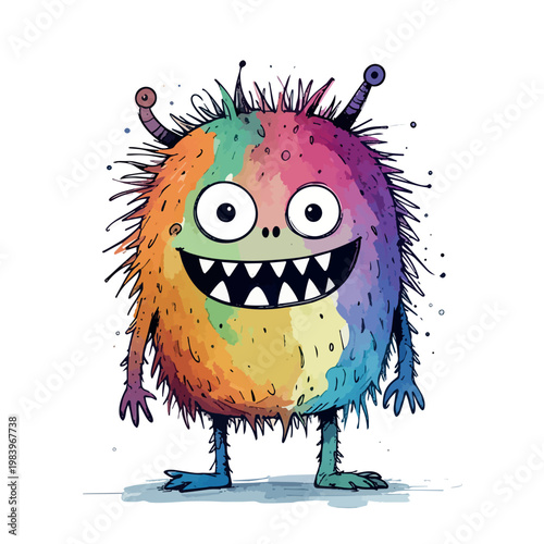 Textured crayon doodle of a friendly colorful imaginary monster