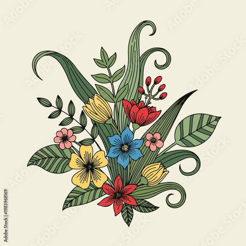 Colorful flowers and green leaves arrangement 2.