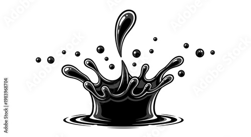 Stylized black ink splash with falling liquid drops and ripples for artistic design background and creative expression.