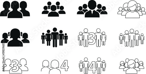 Collection of black and white human group and numbers people crowd silhouette