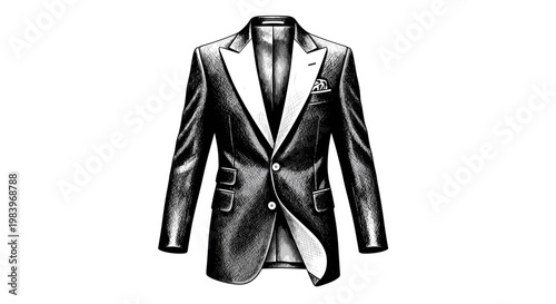 Stylish black and white tuxedo vector illustration with elegant design and classic fashion appeal on plain background.