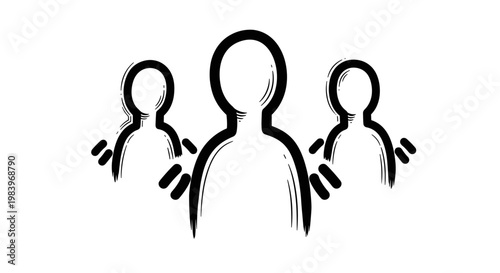 Stylized group of people icon in rough hand drawn brush stroke style representing community teamwork and social gathering.