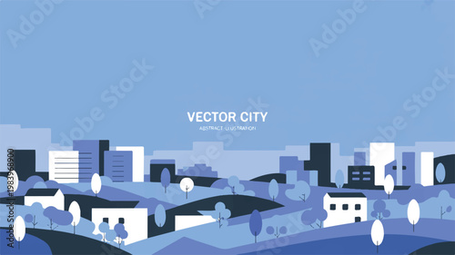 A minimalist vector illustration of a cityscape with buildings and trees on hills