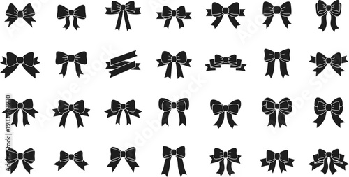 Collection of black bow tie and ribbon on white background gift celebration decoration