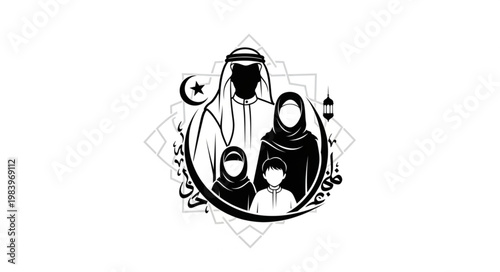 Islamic family silhouette with crescent moon and star symbol.
