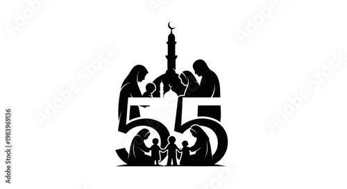 Islamic Family Silhouette with Mosque and Number 55 Symbol.