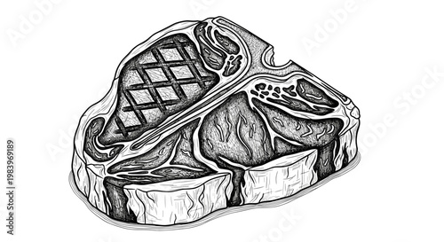 T bone steak meat cut illustration vintage sketch drawing butcher shop food rustic grill marks on white background.