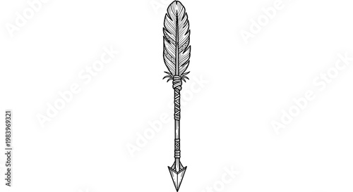 Tribal arrow with feather and geometric patterns in hand drawn vintage woodcut style for hunting or ethnic themed designs.
