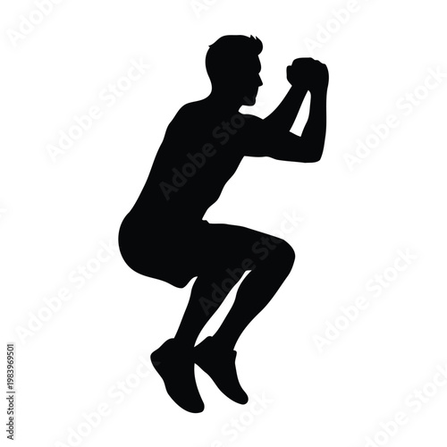 Black Silhouette of Athletic Man Performing Jump Squats and Burpee Exercise for Fitness, Plyometric Training, Cardio Workout, and Weight Loss Illustration