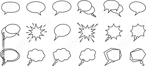 Collection of black outline speech bubbles and thought bubbles on white background comic dialogue 1 conversation
