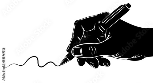 Vector silhouette illustration of a hand holding a pen and drawing a squiggly line, writing gesture, artist.