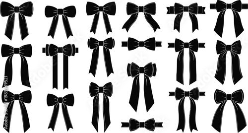 Collection of black ribbon bows and decorative on white background bow tie 1