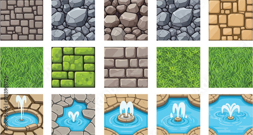 Collection of cartoon style stone brick grass and fountain textures stone brick texture cobblestone texture
