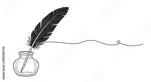 Vintage quill feather pen in glass inkwell with flowing continuous line script and retro hand drawn ink splatter illustration.