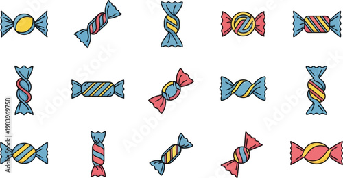 Collection of colorful wrapped candies with blue red and yellow stripes and swirls candy sweets confectionery